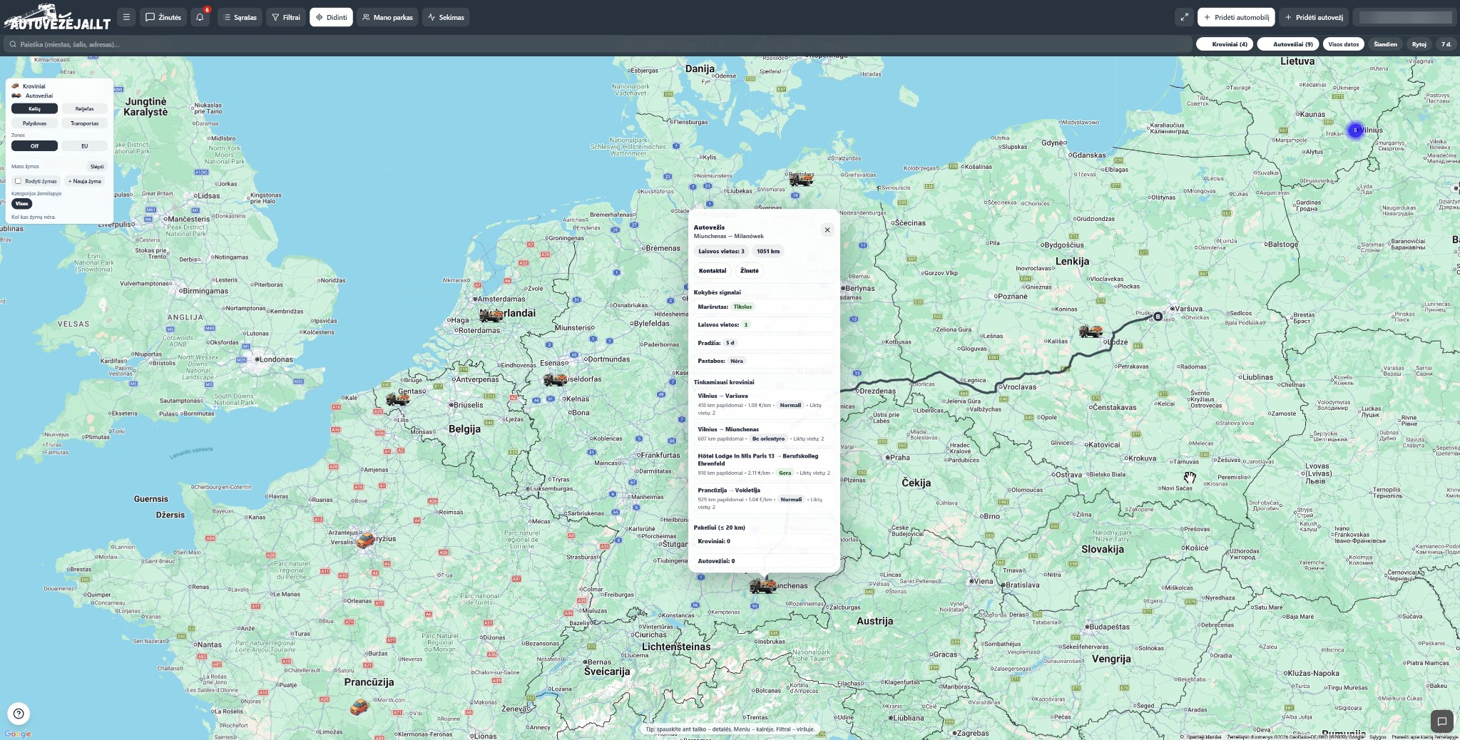 Autovežiai ir kroviniai viename žemėlapyje